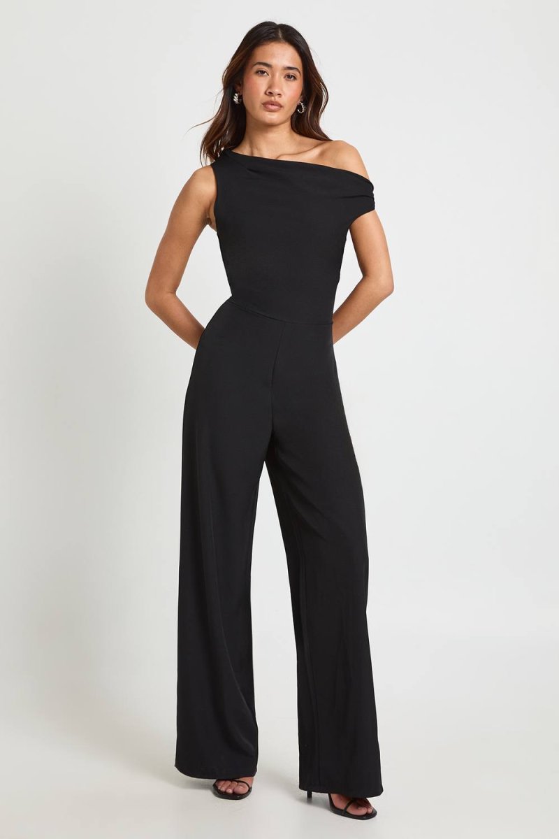 boohoo Dam Linne-look Jumpsuit Med Asymmetrisk Halsringning Och Vida Ben | Svart | Storlek 44