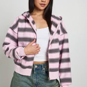 boohoo Dam Randig Boxy Hoodie Med Dragkedja | Ljusrosa | Storlek XL